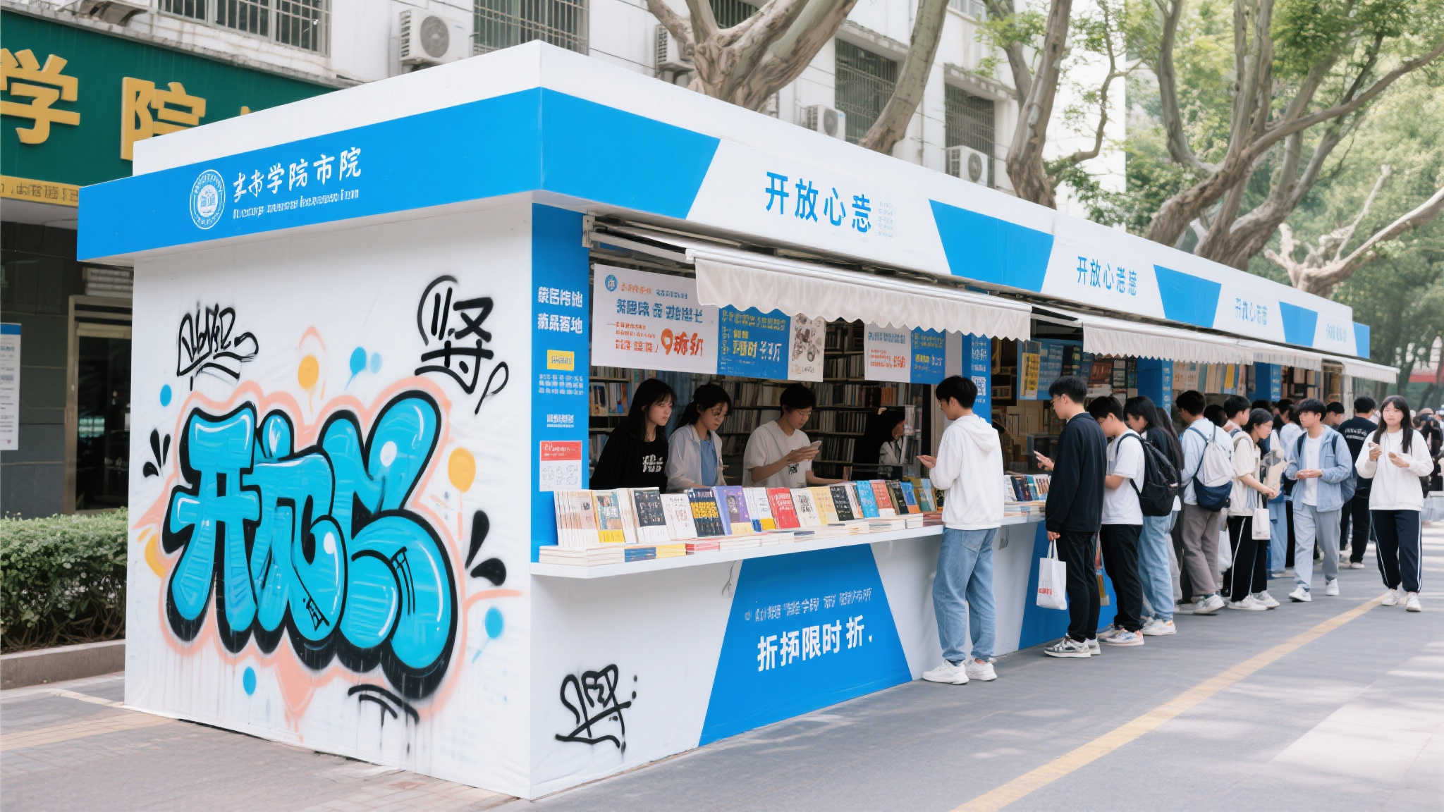 某高校附近的新款书刊摊位就选择用蓝白两相